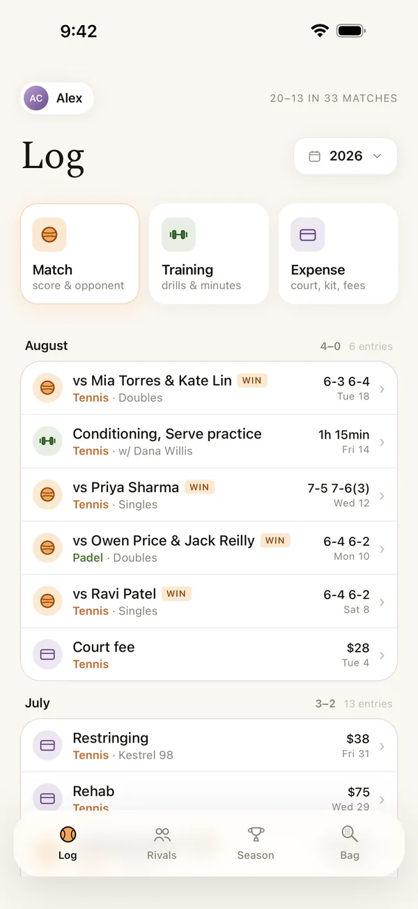 The Aleko home screen — log a match, a training, or an expense