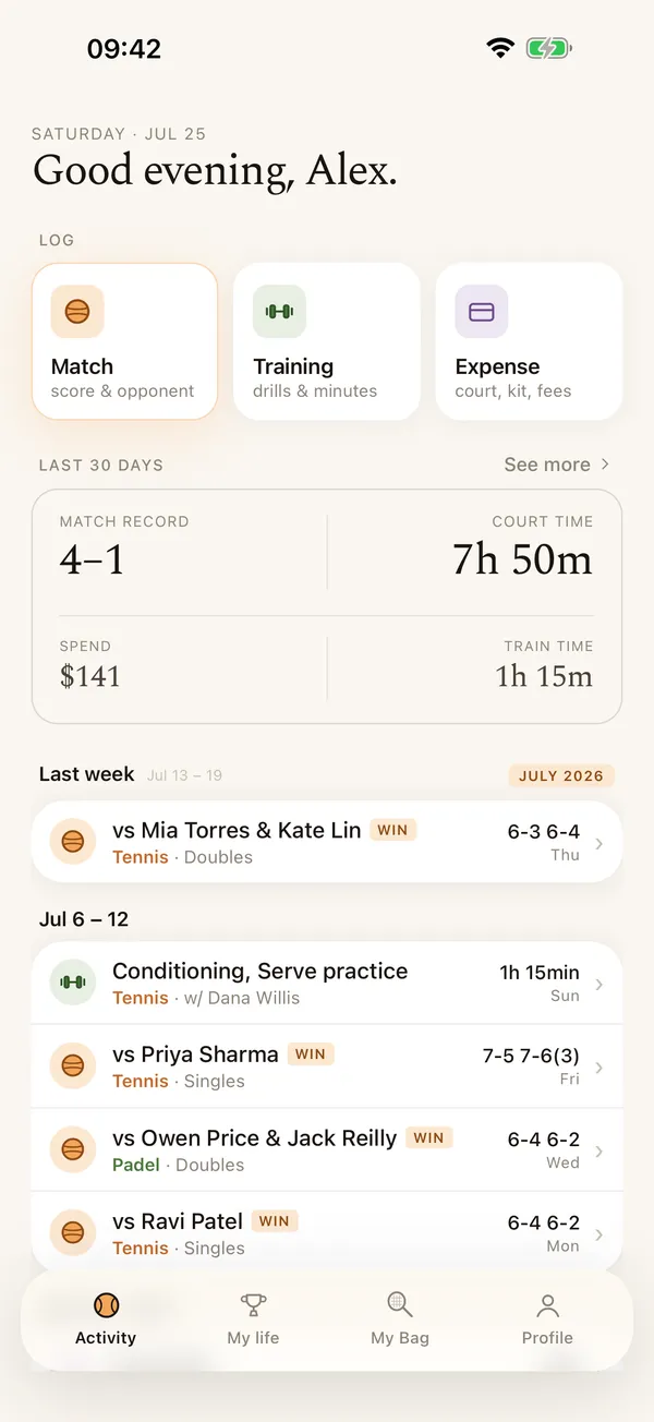 Aleko home screen — log match, training, expense