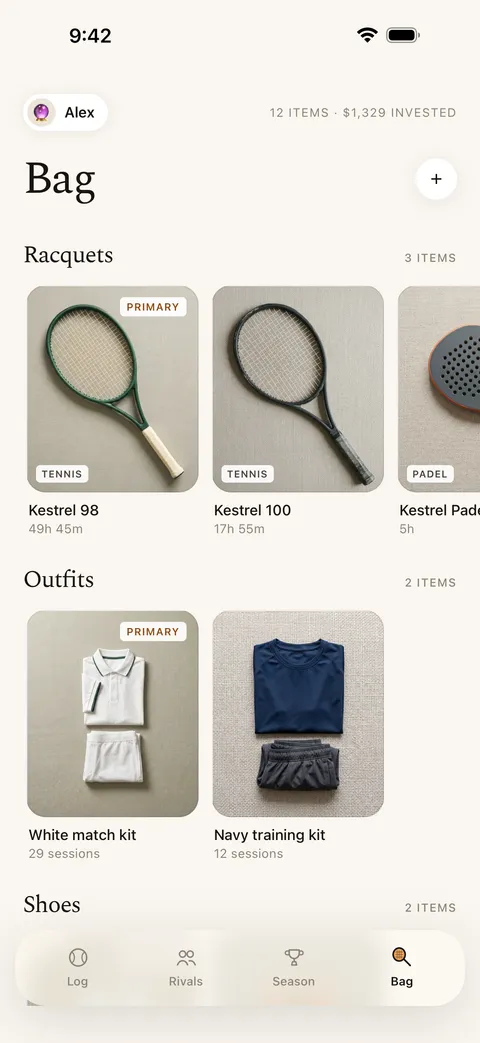 The Bag screen — racquets and outfits with the hours each has played