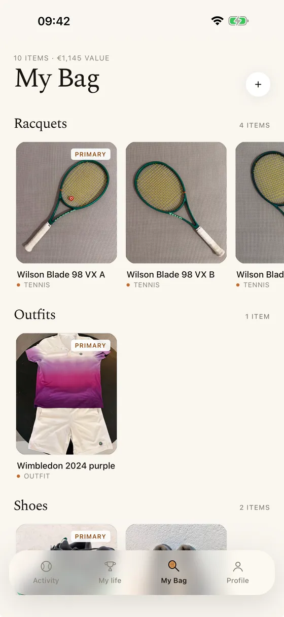 My Bag screen — racquets and gear with usage stats