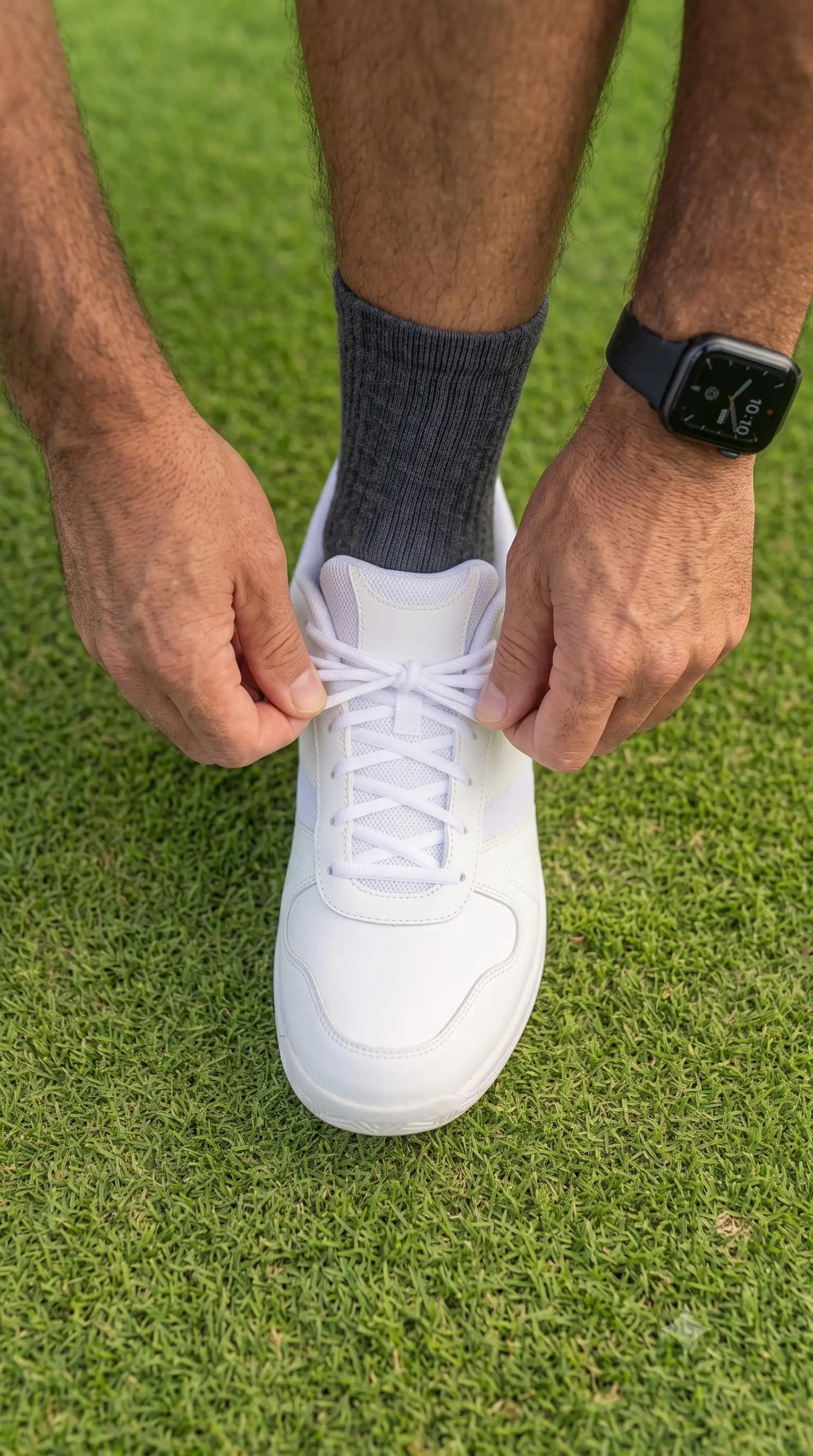 Tying a shoe on a grass court before a match