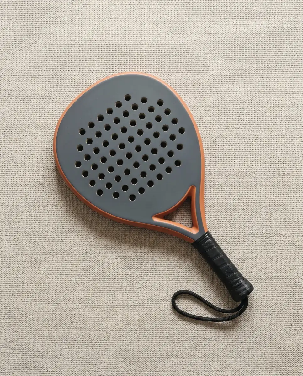 A padel racquet resting on linen